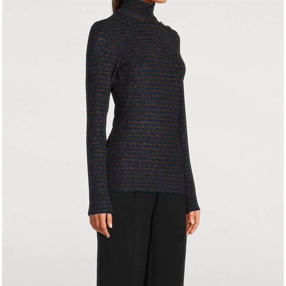 NEW SMYTHE buttoned turtleneck sweater in blue/bronze metallic stripe - Picture 2 of 4